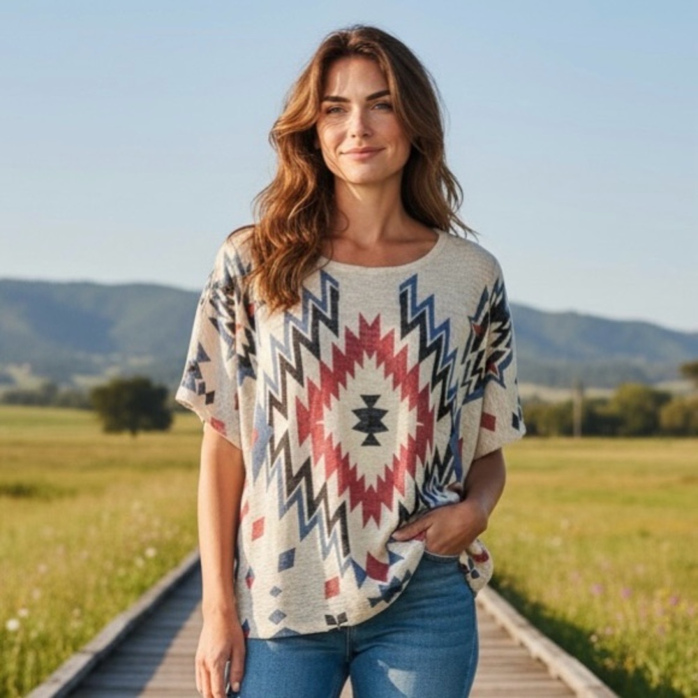 4/$24 Ginger G‎ Tribal Southwestern Print Short Sleeve Top